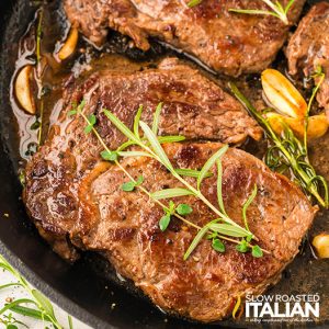 closeup of boneless steak recipe in a cast iron skillet