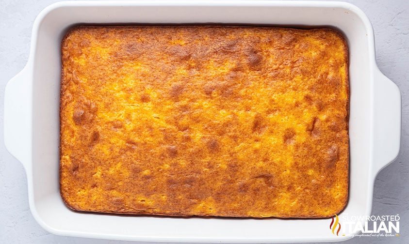 cooled pig pickin cake in a white 9x13 baking dish