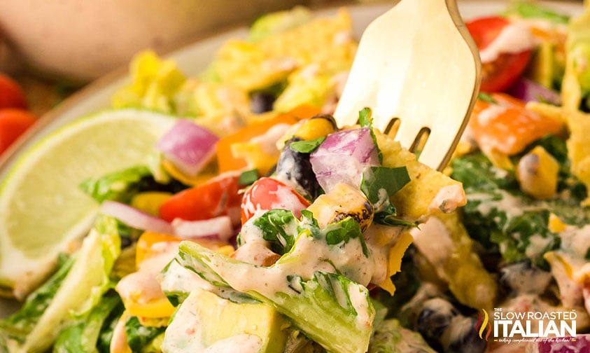 closeup of a fork full of southwest chopped salad