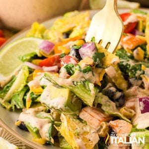 closeup of a fork full of southwest chopped salad