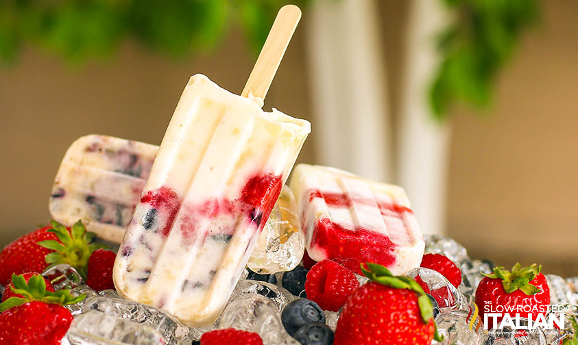 closeup of banana berry popsicles