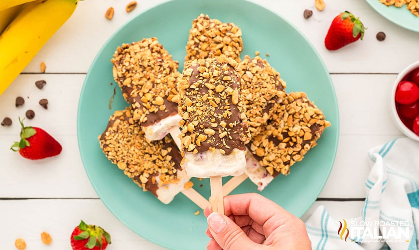 closeup of banana split popsicles