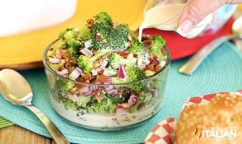 broccoli salad with bacon, crunchy mix-ins, and creamy dressing