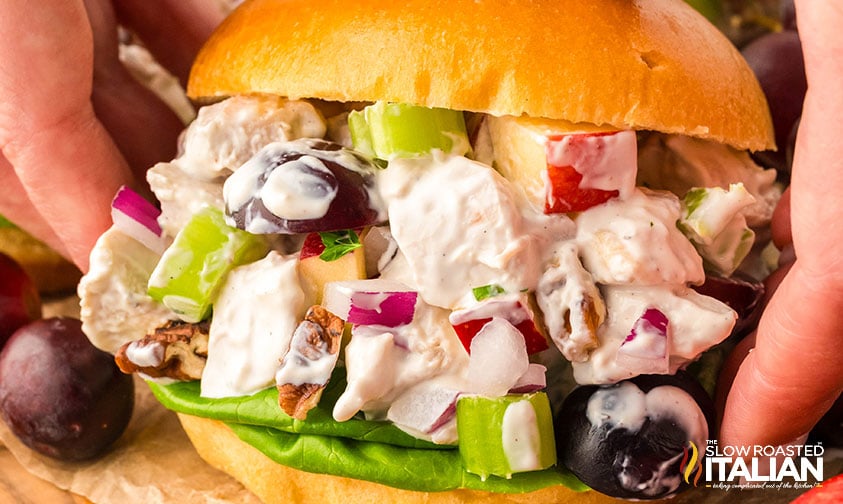 closeup of 2 hands holding a roll filled with chicken salad with grapes and apples
