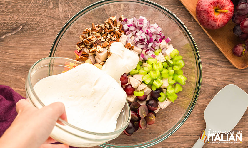 adding dressing to chicken salad with grapes and apples ingredients
