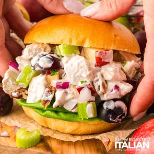 hands holding creamy chicken salad with grapes and apples on a roll