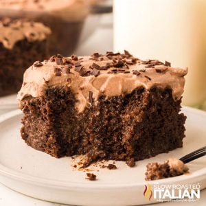 closeup of a slice of Chocolate tres leches cake