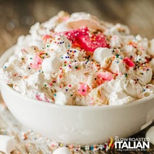 closeup of a bowl full of circus cookie fluff salad