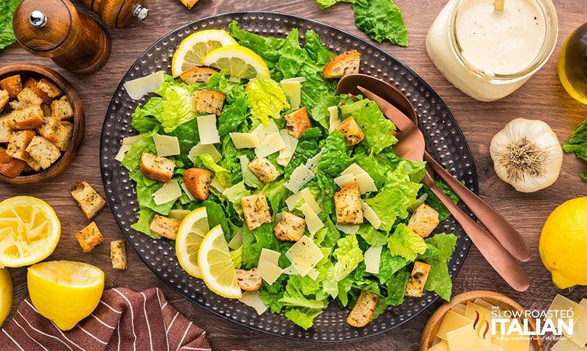 classic caesar salad on a serving tray