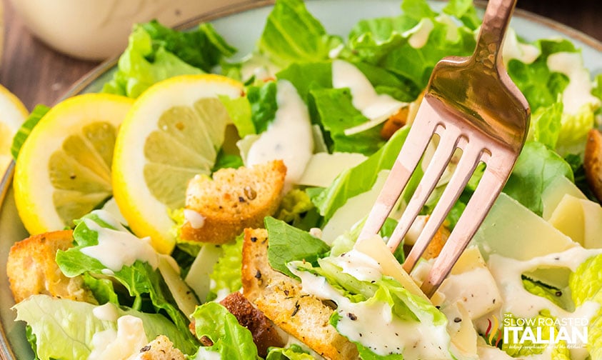 closeup of a for with classic caesar salad