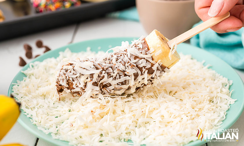 chocolate covered bananas dipped in shredded coconut