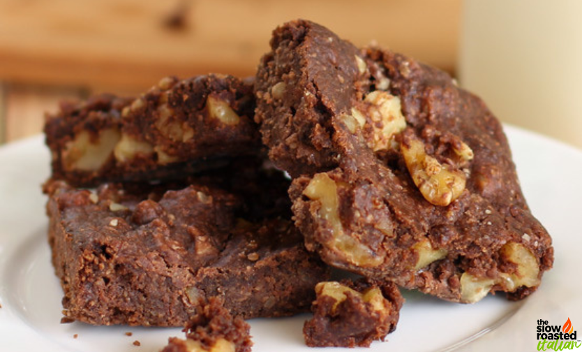 sliced fudgy walnut brownies on a white plate