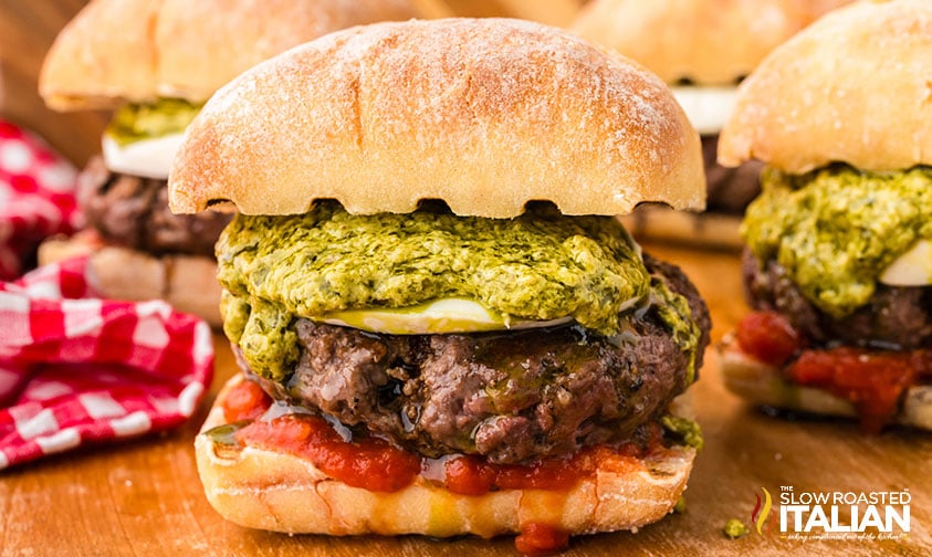 closeup of gourmet caprese burger