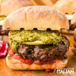 closeup of a gourmet pesto burger