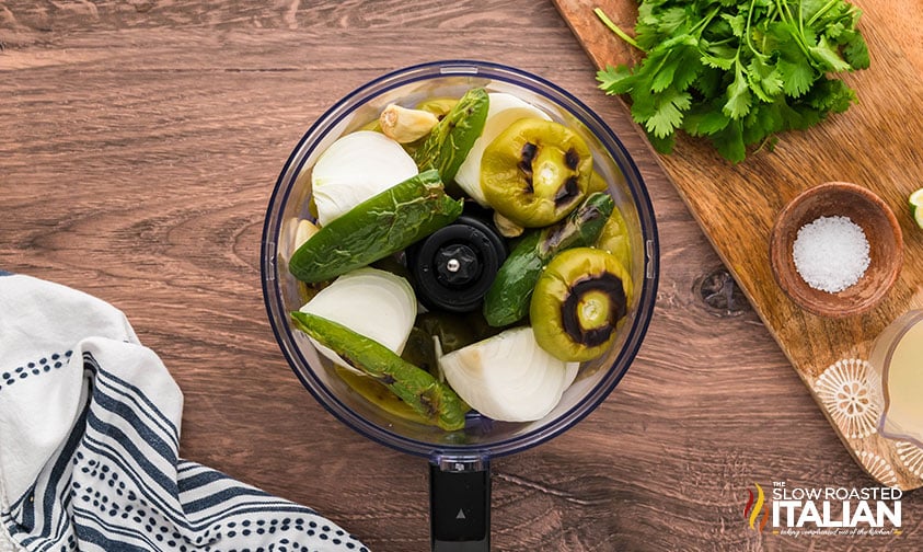 roasted salsa verde ingredients in a food processor