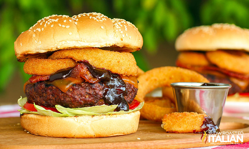 closeup of rodeo cowboy burgers with onions rings