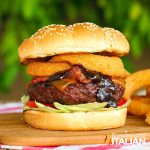 closeup of a loaded cowboy burger