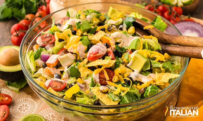 southwest chopped salad with chicken, corn, beans, and creamy dressing