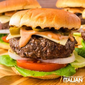 closeup of a stacked jalapeno burger