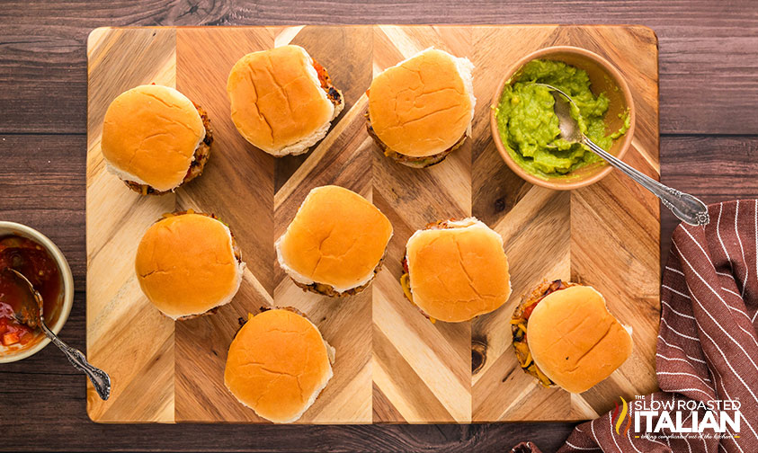 turkey burger sliders on a wooden board