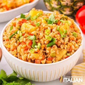 closeup of a white bowl full of thai pineapple fried rice