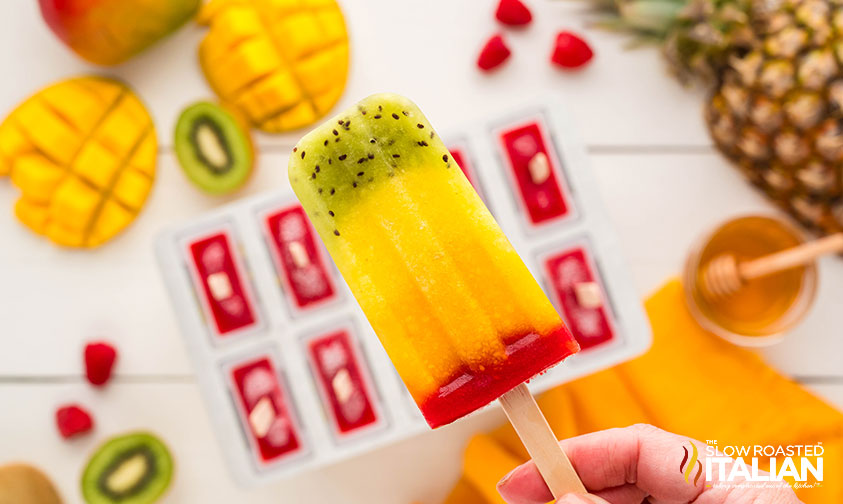closeup of a hand holding a tropical popsicles