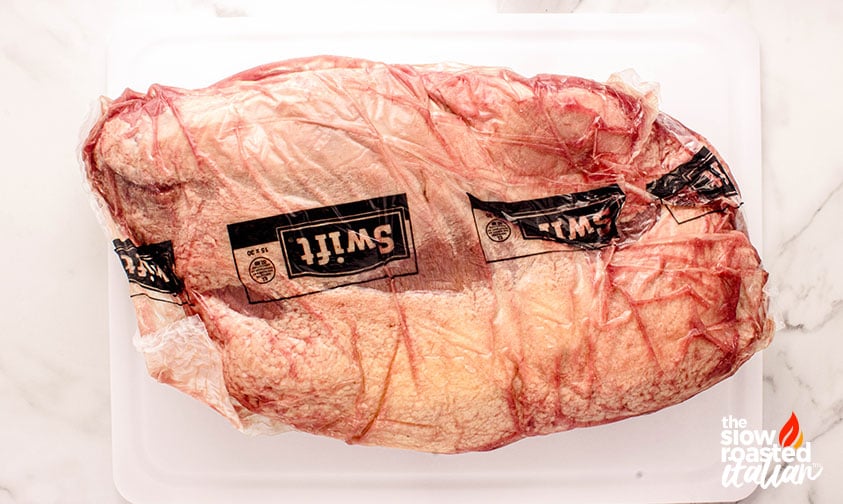 packaged brisket on the countertop