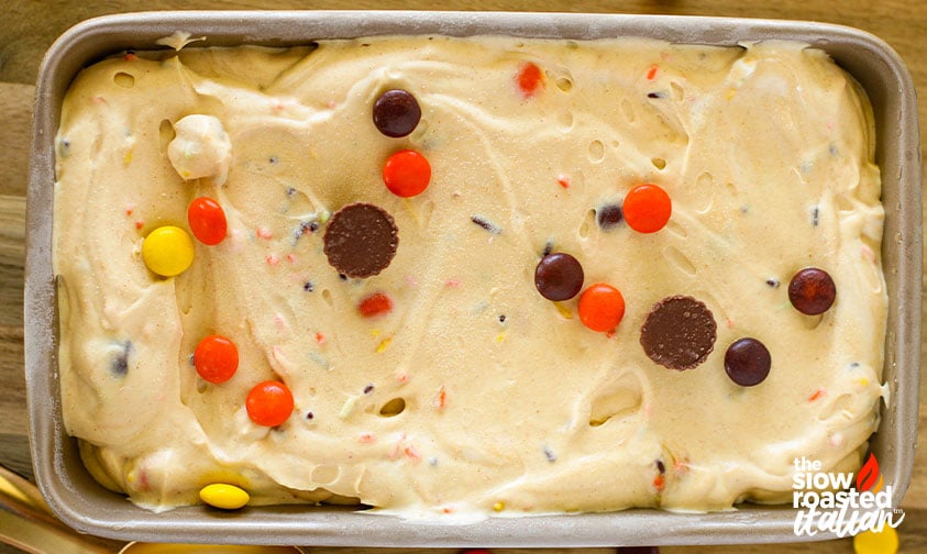 reese's peanut butter ice cream mixture in a loaf pan