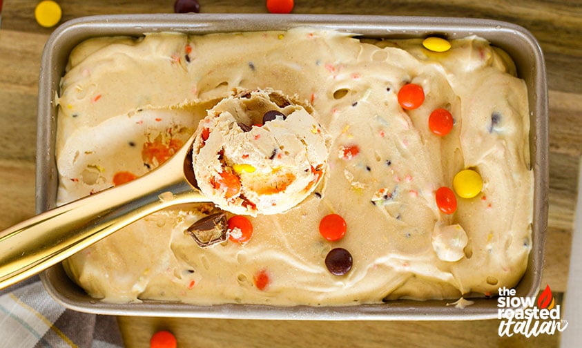 closeup of reese's peanut butter ice cream in a scoop