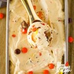 closeup of reese's peanut butter ice cream in a scoop