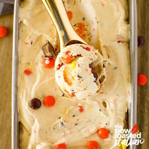 closeup of reese's peanut butter ice cream in a scoop