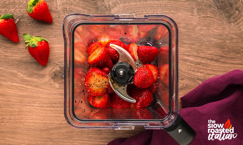 strawberries , balsamic vinegar, and fresh ground black pepper added to blender for strawberry ice pops