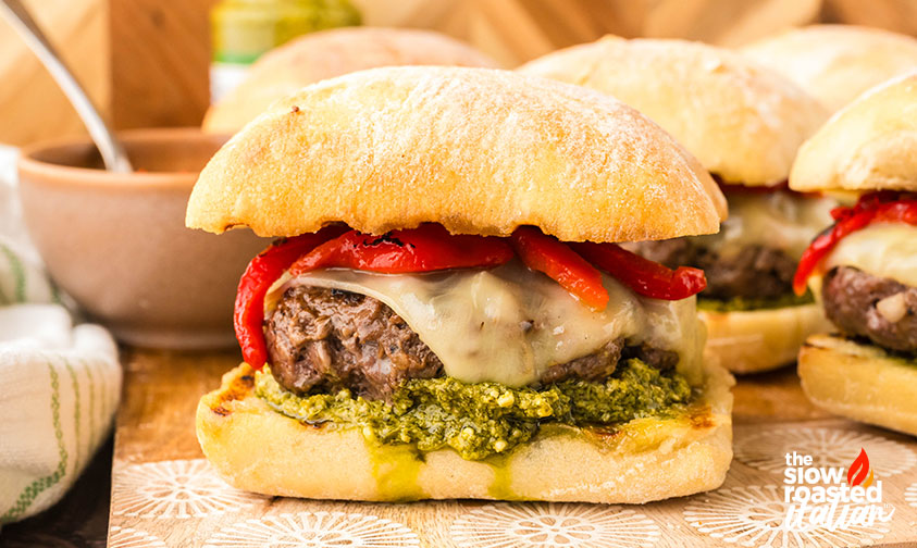 closeup of Tuscan Inspired Mediterranean Burgers