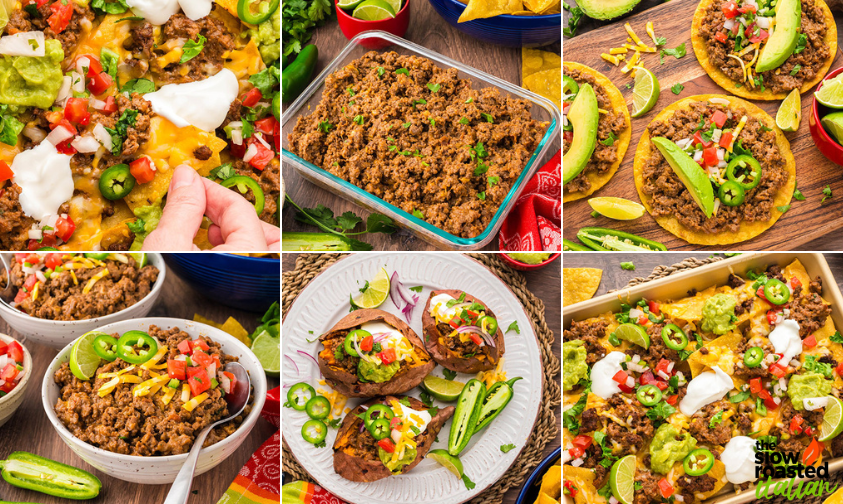 Six ways to use refried bean casserole, including nachos, tostadas, loaded baked potatoes, and a baking dish of the casserole