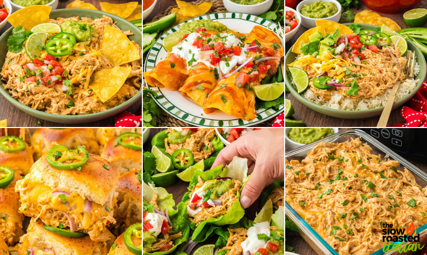 Six ways to serve crockpot Mexican chicken, including nachos, enchiladas, over rice, in sliders, lettuce wraps, and shredded in the slow cooker