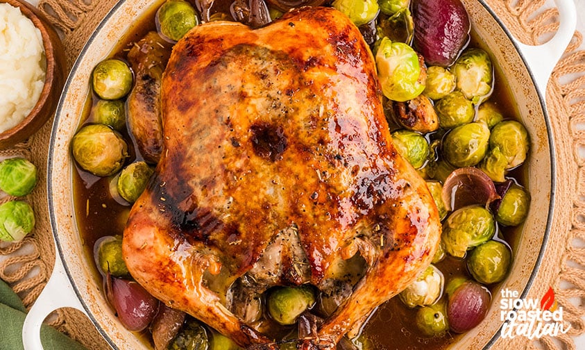 Close-up of a roast chicken recipe with crispy golden skin, surrounded by Brussels sprouts and red onion in a po