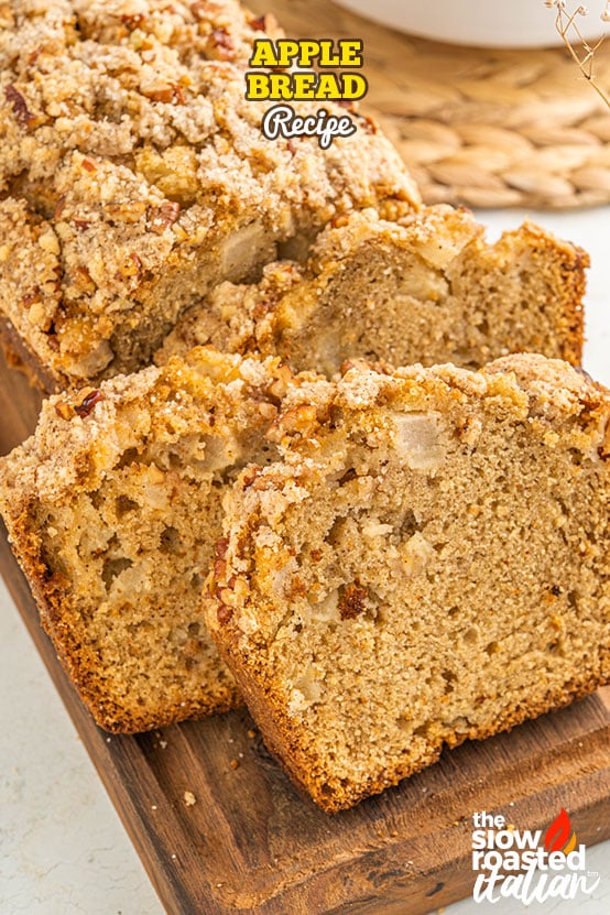 Featured image: apple bread with a crunchy crumb topping, sliced on a cutting board