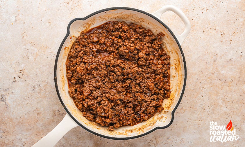 Seasoned ground beef cooked in a skillet for Big Mac sloppy joes