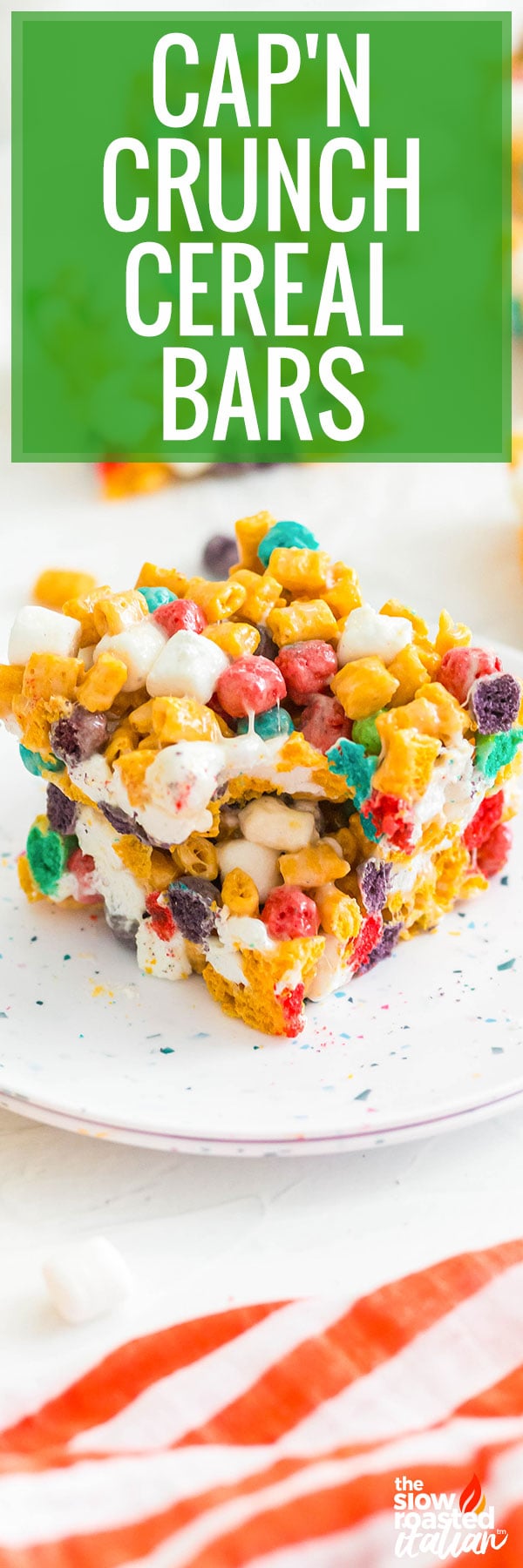 Cap’n Crunch Cereal Bars - colorful marshmallow cereal bar with a bite taken out on a plate