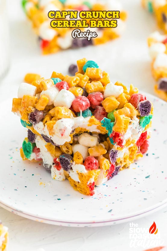 Cap’n Crunch Cereal Bars Recipe - colorful marshmallow cereal bar on a plate