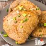 Marinated pork chops seared golden brown, garnished with chopped green onions on a plate