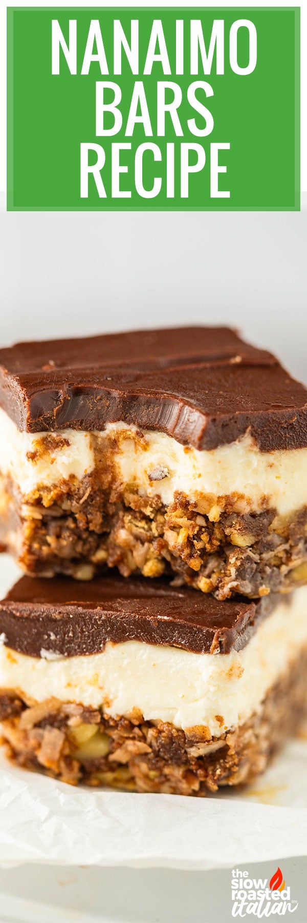 Nanaimo Bars Recipe - stacked bars with chocolate ganache top, creamy filling, and nutty crust