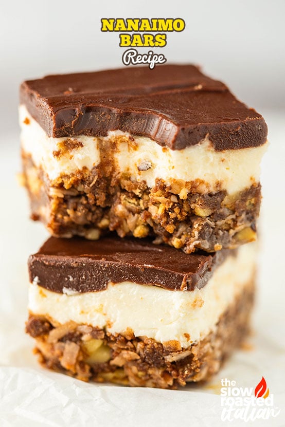 nanaimo bars cut into squares showing the chocolate coconut base, white filling and chocolate top