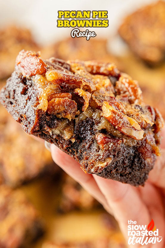 pecan pie brownies cut into squares, showing a fudgy chocolate layer under a gooey pecan pie topping