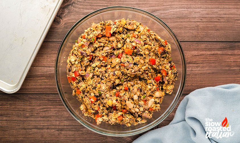 mixed veggie burger ingredients in a glass bowl